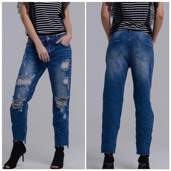 🆕Med Dark Blue Pearl Embellished Boho Distressed Ripped Knee Straight Leg Jeans - Picture 6 of 9